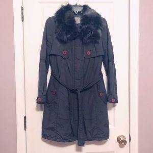 Belted Jacket Coat Si Genuine Fur Removable Collar Light Fall Winter Sz S Gray